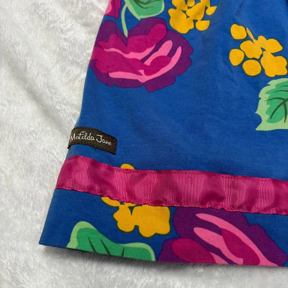 Matilda Jane Girls Blue Floral Ruffle Pocket Dress Size 10 Pink Rose Polka Dot